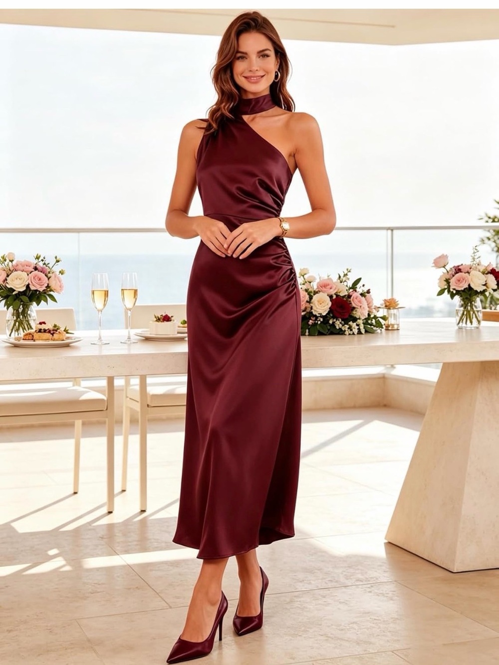 Amazon Women's One-Shoulder Satin Dress — Burgundy